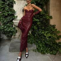 Women's Temperament Fashion PU Leather Splicing Chest Strap Fold Slit Slim Waist Long Dress S bordinė