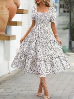 Women's Printed Square Neck Fitted Waist Puff Sleeve Dress XXL juoda