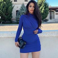 Women's Spring Solid Color Pleated Slim-fit Cover Buttock Dress M mėlyna