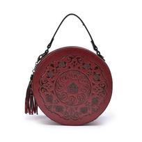 Crossbody Bag Apvalus krepšys Natūralios odos nacionalinio stiliaus moteriškas krepšys Meninio stiliaus retro rankinės krepšys Moteris vyno raudonos spalvos