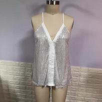 Moteriška V formos iškirptės, siuvinėta blizgučiais, camisole liemenė S sidabro baltos spalvos