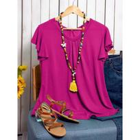 Women's New Spring and Summer Short-sleeved V-neck Ruffle T-shirt Tops 3XL rožinė raudona spalva