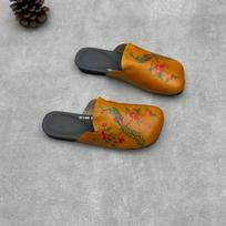Retro Hand-painted Flip-flops Summer Flip-flops with Toe Caps and Embossed Flat Heels Genuine Leather Sandals 40 ruda