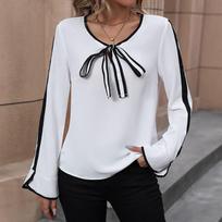 Spring and Autumn Women's Blouse Round Neck Tie Bow Shirt Black and White Color Collision Women's Shirt XL balta
