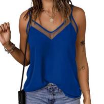 Women Tops Sling Spaghetti Straps V-Neck Mesh Splicing Loose Drape Cut Vest Soft Fabric Summer Casual Tank Tops M violetinė