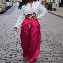 Spring and Summer Women's Pant Fashion Casual Trousers Removable Three-dimensional Pockets Wide-leg Trousers L white