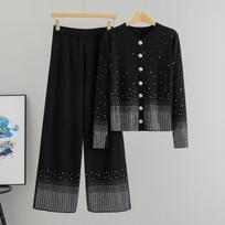 Long-sleeved Knitted Cardigan and Fashionable Wide-leg Pants Two-piece Set for Women's Autumn Casual Wide-leg Pants one size kava