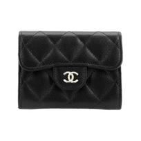 CHANEL moteriškas kortelių dėklas ir piniginė Juoda su auksine sagtimi Klasikinis deimantų raštas Trumpa Dvigubo atvartuko Tekstūruota versta oda One Size-Gift Set(Basic Set+Box+Shopping Bag) juoda