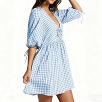 Women's  Plaid Tie-Front Babydoll Dress With Ruffles, Puff Long Sleeves, V-Neck, Peplum Waist, Sundress For Beach XL