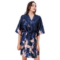 Puntos Summer Ice Silk Fabric Moteriški naktiniai marškiniai su gėlių raštais trumpas chalatas XL tamsiai mėlyna spalva
