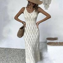 Moteriški apdangalai Vasarinė paplūdimio suknelė Vienspalvė Sexy Knit Beach Bikini maudymosi kostiumėlis Cover Up Apranga nuo saulės M balta