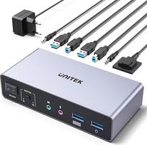 "Unitek" KVM jungiklis 2 monitoriams ir 2 kompiuteriams 4K @ 60Hz HDMI ekrano prievado KVM jungiklis 3 USB prievadai, skirti bendrinti klaviatūrą pelę mikrofoną ausinių prievadus 2 USB B kabeliai 5V DC