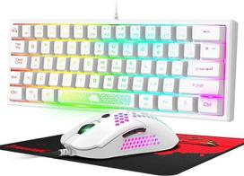 60% Mini žaidimų klaviatūros ir pelės rinkinys, baltos spalvos, QWERTY išdėstymo, RGB vaivorykštės LED apšviesta mechaninė ergonominė klaviatūra, 12000 DPI "Honeycomb" pelė, USB laidinė, skirta nešiojamiesiems kompiuteriams