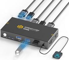 8K @ 60Hz HDMI KVM jungiklis 2 kompiuteriams 1 monitoriui, USB 3.0 KVM jungikliai 2 kompiuteriams, kurie dalijasi 1 monitoriumi, su 3 USB 3.0 įrenginiais, su laidiniu darbalaukio valdikliu ir 2 USB 3.0 kabeliais, adaptyvusis EDID