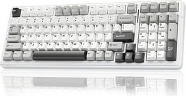 AULA F99 belaidė žaidimų klaviatūra, 3 režimai, 2,4 GHz/Type-C/BT5.0 mechaninė klaviatūra su penkių sluoksnių paminkštinimo struktūra, RGB, 8000 mAh, QWERTY, "Hot-swap" mechaninė klaviatūra (balta/pilka)
