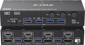KVM jungiklis 3 kompiuteriams 2 monitoriams 8K @ 60Hz, 4K @ 144Hz, MLEEDA HDMI ir "Displayport" dviejų monitorių KVM jungiklis su 4 USB 3.0 prievadais klaviatūrai, pelei, spausdintuvui, su nuotolinio valdymo pultu, maitinimo adapteriu ir USB kabeliu