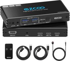 ROFAVEZCO 4K@120Hz USB-C KVM jungiklis HDMI2.1 2 nešiojamieji kompiuteriai su 2 USB 2.0 prievadais L/R MIC išvestis Dalytis 1 monitoriumi Klaviatūra Pelė Kietasis diskas Spausdintuvas su PD100W maitinimo šaltiniu, 2 tipo kabeliais, IR nuotolinio valdymo p