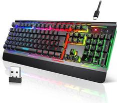 TECKNET belaidė žaidimų klaviatūra, QWERTY klaviatūra (vokiškas išdėstymas), membraninė klaviatūra su 105 klavišais, visiškai metalinis skydelis, RGB apšvietimas, riešo atrama, 25 klavišai, apsaugantys nuo persikreipimo, skirta žaidėjams ir biurui