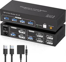 TJCXELE 8K60Hz Displayport KVM jungiklis 2 kompiuteriams 2 monitoriams 4K120Hz USB 3.0 DP 1.4 KVM jungiklis dviems kompiuteriams dalytis dviem monitoriais ir 4 USB įrenginiais Palaiko išplėstinį režimą ir kopijavimo režimą SW223