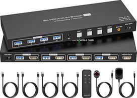 VPFET 4K144Hz HDMI 2.1 KVM jungiklis 4 kompiuteriai 1 monitorius 8K60Hz EDID modeliavimas 4 prievadų KVM jungiklis 4 kompiuterių dalims 1 monitoriams ir 4 USB 3.0 įrenginiams Klaviatūra pelė spausdintuvas su 4 USB 3.0 kabeliais