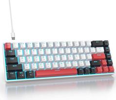 Žaidimų klaviatūra balta 60% - mini mechaninė klaviatūra 65% su mėlynu LED apšvietimu, 68 klavišai, laidinė žaidėjų QWERTY su raudonu jungikliu, skirta kompiuteriams ir nešiojamiesiems kompiuteriams GT68-White