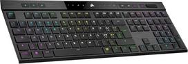 "Corsair K100 AIR" belaidė RGB mechaninė žaidimų klaviatūra - "Slipstream" belaidis ryšys mažiau nei 1 ms, "Bluetooth", "Cherry MX Ultra Low Profile" jungiklis - IT išdėstymas, QWERTY - juoda