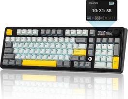 "MechLands AJAZZ AK980" 98 % mechaninė, BT5.0/USB-C/2,4 GHz belaidė žaidimų klaviatūra, keičiama karštuoju būdu, su 1,14 colio TFT ekranu, 10000 mAh baterija, mygtukais, RGB, skirta "Win/Mac", QWERTY (juoda, dovanų V2 Switch)