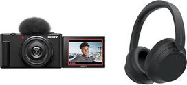 "Sony Vlog Camera ZV-1F" skaitmeninis fotoaparatas, sulankstomas ir pasukamas ekranas ir WH-CH720N belaidės "Bluetooth" ausinės su triukšmo slopinimo funkcija - iki 35 valandų veikianti baterija ir greitojo įkrovimo funkcija - juodos spalvos