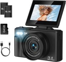 LAMA Skaitmeninis fotoaparatas 5K 75MP Mini skaitmeniniai fotoaparatai 3.0 colių fotokamera su 64G SD kortele, 180° apverčiamas ekranas 18X priartinimas Kompaktiškas fotoaparatas Skaitmeninis fotoaparatas Fotokamera pradedantiesiems, vaikams, paaugliams (
