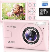 Mažas kompaktiškas skaitmeninis fotoaparatas vaikams: 64 MP 4K vaizdo kamera su 32GB "MicroSD" kortele, 18 kartų skaitmeninis priartinimas, automatinio fokusavimo taškas ir fotografavimo fotoaparatas mergaitėms ir berniukams, Kalėdų, gimtadienio dovana