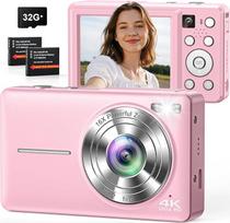 Skaitmeninis fotoaparatas 4K 64MP dvigubas fotoaparatas su automatiniu fokusavimu, blykste, 16x priartinimu, apsauga nuo drebėjimo, 32GB kortele, kompaktiškas vaizdo įrašymo fotoaparatas vaikams, paaugliams, suaugusiesiems, pradedantiesiems, rožinis