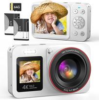 Skaitmeninis fotoaparatas 4K 64MP Vlogging Photo Camera Kompaktiškas fotoaparatas su 18 kartų skaitmeniniu priartinimu ir 2 ekranais, 2 baterijomis, 64GB SD kortele vaikams, paaugliams, pradedantiesiems, baltos spalvos