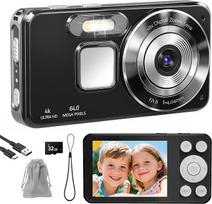 Skaitmeninis fotoaparatas 4K fotokamera - 64 MP fotoaparatas Nešiojamasis kompaktiškas fotoaparatas su 2,8 colių LCD ekranu Skaitmeninis fotoaparatas 18X skaitmeninis priartinimas 32GB SD kortelė 1 dirželis vaikams pradedantiesiems (juodas)