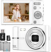 Skaitmeninis fotoaparatas 50MP 1080P FHD Fotoaparatas su automatiniu fokusavimu 16X skaitmeninis priartinimas Nešiojamas kompaktiškas fotoaparatas su 32GB SD kortele vaikams, paaugliams, pradedantiesiems Dovana (balta)