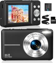Skaitmeninis fotoaparatas FHD 1080P 44MP 32G kortelė Kompaktiškas fotoaparatas 16X skaitmeninis priartinimo fotoaparatas Mažas lengvas valdymas Selfie su 2 baterijomis vaikams pradedantiesiems Berniukai Mergaitės