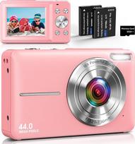 Skaitmeninis fotoaparatas Kompaktiškas fotoaparatas su 44 MP nuotraukomis, 1080P vaizdo įrašu, 16X skaitmeniniu priartinimu, 2,4 colio IPS ekranu, 32GB TF kortele, 2 baterijomis paaugliams ir berniukams, mergaitėms, rožinės spalvos