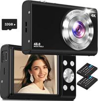 Skaitmeninis fotoaparatas, 4K automatinio fokusavimo filmavimo kamera su 32G atminties kortele, 16x skaitmeninis priartinimas, 48 MP fotoaparatas fotografijai su 2,8 colių ekranu pradedantiesiems (juodas)