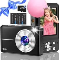 Skaitmeninis fotoaparatas, kompaktiškas fotoaparatas su 32GB kortele, 44 MP fotoaparatas, 1080P HD filmavimo kamera, LCD ekranas, 16x skaitmeninis priartinimas ir 2 baterijos paaugliams, pradedantiesiems (juodas)