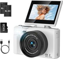 SOPPY 4K skaitmeninė kamera su "WiFi" ryšiu, 64 MP, 18 kartų priartinimas ir 7,6 cm atverčiamas ekranas, automatinio fokusavimo "YouTube" kamera, pridedama 64GB SD kortelė, kompaktiška vaikams, paaugliams ir pradedantiesiems, balta