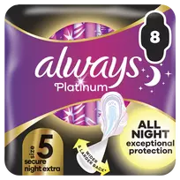 Always Platinum Secure Night Extra Size 5 Higieniniai Paketai su Sparneliais, 8 vnt.