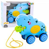 LEAN Toys Mėlynas virvele traukiamas begemotas mažyliams, su garsais