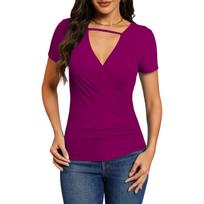 Women's Fashion New Summer Wrap Top Neckband V-neck Short Sleeve Sexy Cross-pleated T-shirt L juoda