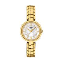 Tissot Flamingo moteriškas šveicariškas kvarcinis laikrodis - 26 mm baltas perlamutrinis ciferblatas, paauksuotas plienas, modelis T094.210.33.111.00 auksas