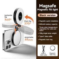 3-in-1 magnetinis LED selfie žibintuvėlis, telefono laikiklis, makiažo veidrodėlis Magsafe, reguliuojamas ryškumas, trumpųjų vaizdo įrašų telefono priedai juoda