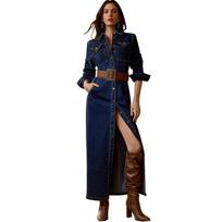 Stovintis ilgomis rankovėmis, su sagomis, madinga ilga suknelė S tamsiai mėlyna spalva