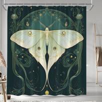 Art Nouveau kandies dušo užuolaida - šviesiai žalia, auksiniai raštai ir dėmelės, poliesteris, skalbiama mašinoje, 12 kabliukų, vonios dekoras W90xH180cm