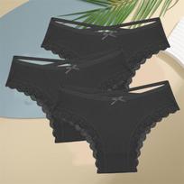 FINETOO 3Vnt. Moteriški medvilniniai apatiniai kelnaitės Sexy Lace braziliškos kelnaitės žemu juosmeniu kryžminiu diržu tuščiaviduris vienspalvis jaukus apatinis trikotažas S&3PCS