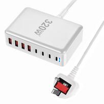 320 W GaN įkroviklis USB C Fast Desktop 8-port USB Type C PD Charger Fast Charge 3.0 USB Type C Fast Charge for iPhone15 14 Samsung UK Plug balta