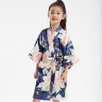 Vaikų satino chalatas Sateen Didelis bijūnų raštas Kardiganas Kimono Gėlių mergaitės rytinis chalatas Patogus elegantiškas dirbtinio šilko miego chalatas 4 tamsiai mėlyna