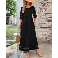 Moteriška vasarinė ilga suknelė, apvalia iškirpte, tinklinėmis pusrankovėmis, maxi ilgio, elegantiška, vienspalvė, vakarėlio suknelė S juoda